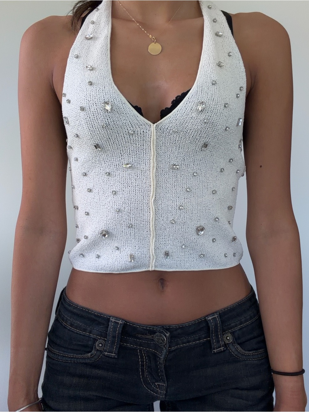 White Embellished Halter Knit Crop Top - Zara
